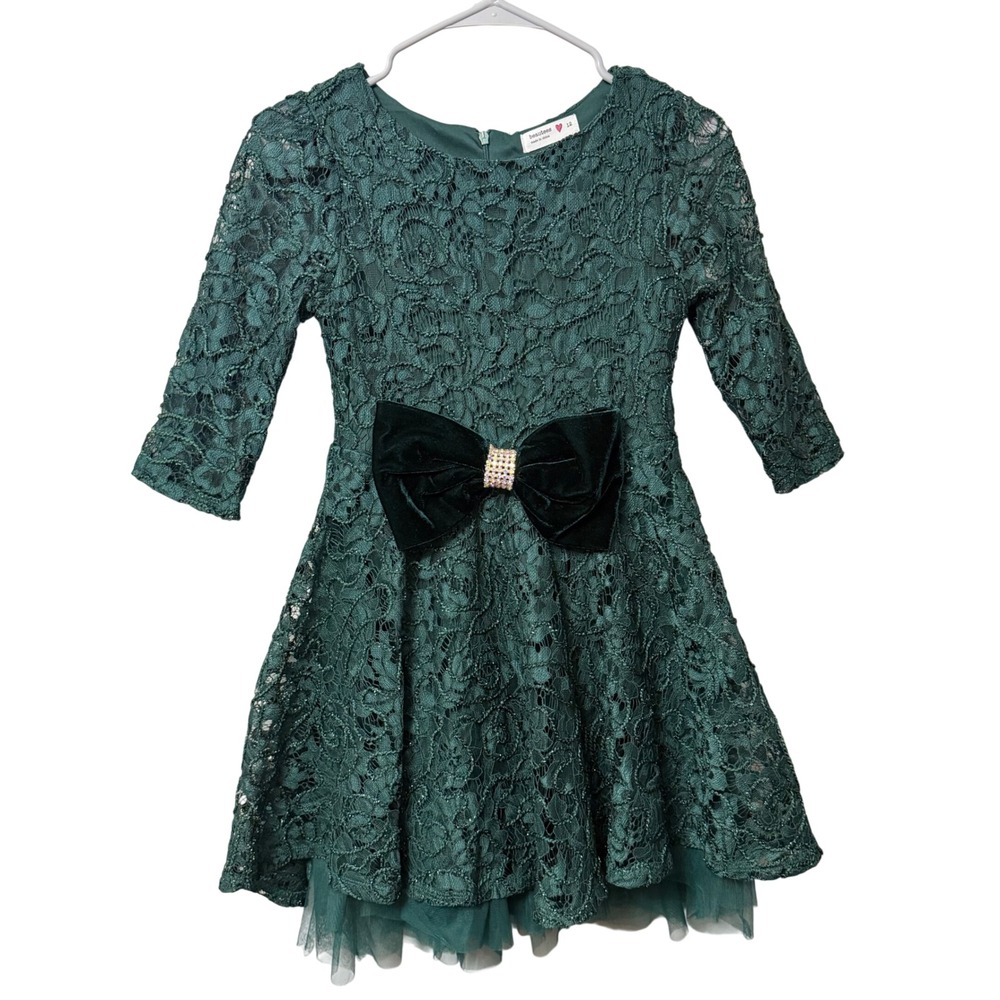 Beautees Girls Hunter Green Lace Bow Party Dress Size 12 Princess Holiday